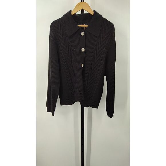 Quince Sweaters - Quince Women Australian Merino Wool Collared Cable Cardigan Black L